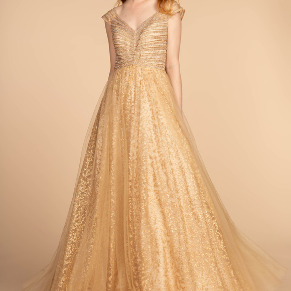 GLS COLLECTIVE Dresses & Skirts - V-Neckline Cap Sleeve A-line Long Prom Dress L2526